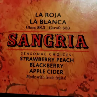 a menu for sangria