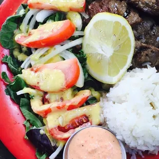 Steak plate + salad with mango dressing!!