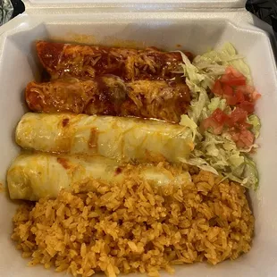 Enchilada entree (please note you can only select either chicken or beef not a mix like this, but BOTH are tasty!)