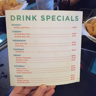Drink specials menu