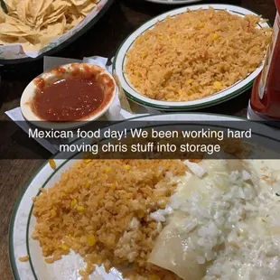 Chips salsa an shrimp tacos cheese an onion chicken enchiladas