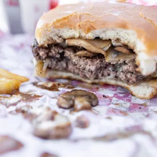 Double Mushroom Swiss Burger cross-section ($13)