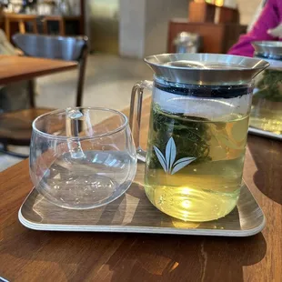 a cup of green tea and a glass of water