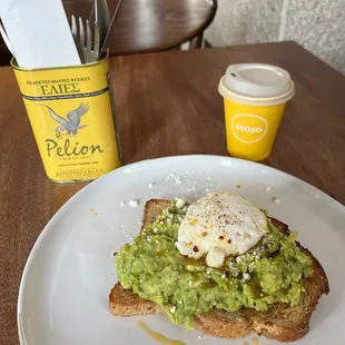 Flat white coffee and Smashed Avocado and Feta on Toast