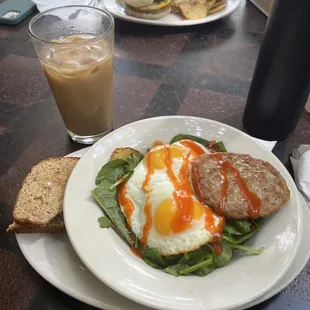 Cinnamon bun iced latte. Breakfast bowl with sausage.