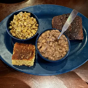Blackened salmon, corn, black eyed peas and jalapeño corn bread.