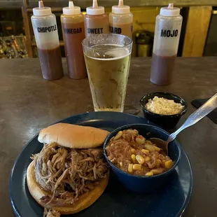Pulled pork sandwich, Brunswick stew, coke slaw, and beer.