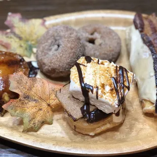 Apple cider cake donut, Pumpkin caramel crème brûlée, Smore's, and a Maple bacon long John