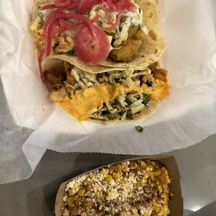 Cauliflower taco, fried avocado taco, and a side of Mexican corn