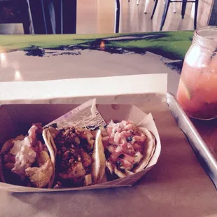 Tres tacos:  catfish po'boy, Kung Powell shrimp, &amp; grilled fish.  With strawberry basil margarita.