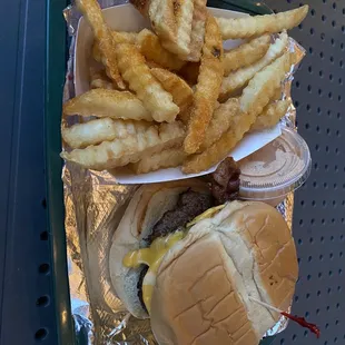 Cheese burger and fries with a side of MoJoe sauce