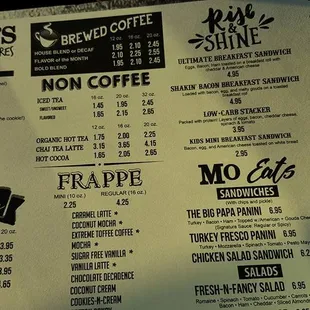 a menu for a coffee shop
