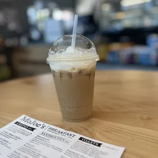 Custom lavender strawberry iced oatmilk latte