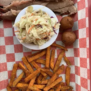 Brisket, sweet potato fries &amp; hush puppies &amp; coleslaw. Yum!!