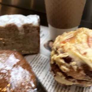 a sandwich and a slice of cake