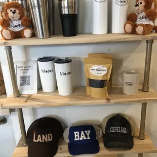 a shelf of coffee and other items