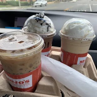 Double mocha (back left,) abba zabba (back right,) iced coffee with hazelnut and cinnamon