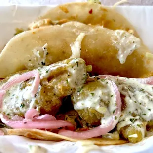 Fried Avocado (front) Korean Cauliflower (5*}