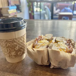Hazelnut latte with egg, cheese, and bacon bagel