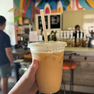 Ice oatmilk latte with lavender syrup