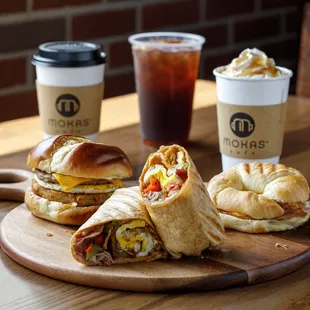 a breakfast sandwich and coffee