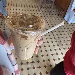 Plain iced latte with caramel drizzle