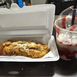 Potato Korean corn dog w/ cheese + Strawberry Choco Frappe