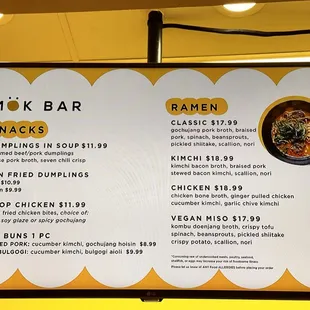 Menu for snacks and ramen