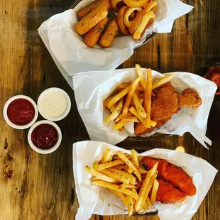 Chicken Tenders, Cajun Fries, Mozzarella Sticks, Onion Rings