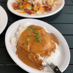 Loco moco ft. stuffed hash browns (mokapu style) with fried rice