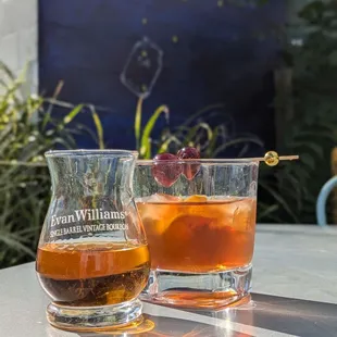 Bourbon and smoked old fashioned in outdoor seating