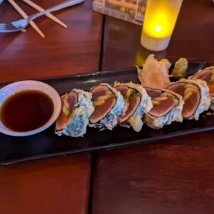 Ecstasy Roll ($15) - 2.5 stars. Warm roll. The fish was quite fresh, but the roll was very bland in flavor. Sat dinner 2024-09-14