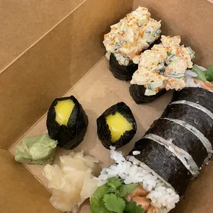 The (fantastic) salmon ceviche roll, plus the quail egg "nigiri" which goes really well with ponzu sauce.  The spicy scallop was just OK.