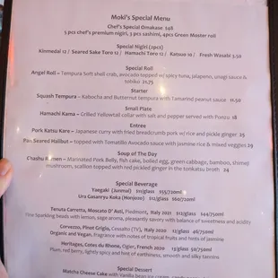 Specials menu. Sat dinner 2024-09-14