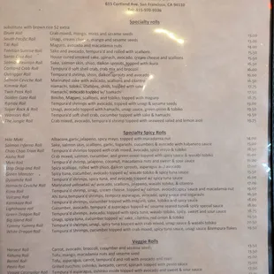 Specialty rolls, veggie rolls. Sat dinner 2024-09-14