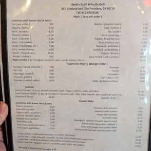 Nigiri, Maki menu. Sat dinner 2024-09-14
