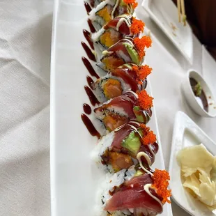 Southie Maki - mango, salmon, tempura flakes topped with tuna, avocado Wasabi mayo and eel sauce
