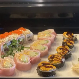Paradise roll. Pink lady roll. Dynamite roll