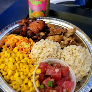 Pulehu Chicken, Mochiko Chicken, Poke, Brown rice, and POG drink