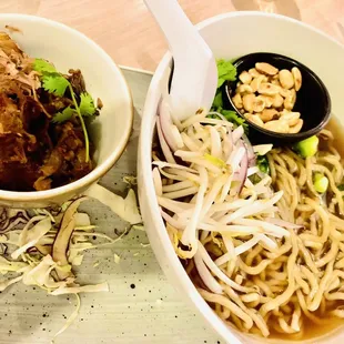 Saimin (iwamoto family noodles, peanuts, broccoli, bean sprouts, red onion, cilantro &amp; side of kalua pork)