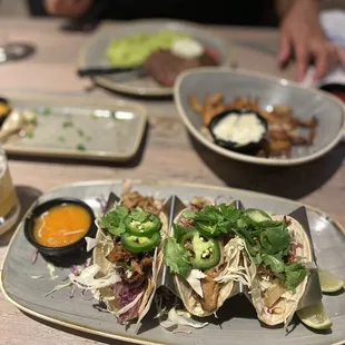 Duck tacos, garlic truffle fries