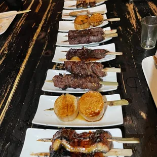 Unagi, Oyster Mushrooms, Wagyu Beef - salt &amp; pepper, spicy, &amp; sweet skewers