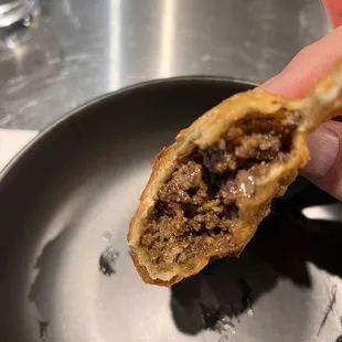 a hand holding a piece of food