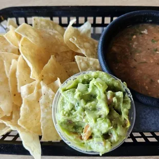 The guacamole is absolutely awesome, fresh and flavorful. The salsa is good. The chips could be fresher.