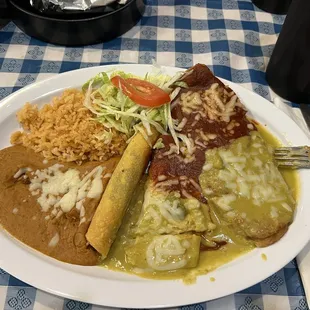 #2 combination: cheese enchilada, beef torta, chile relleno, beans and rice.