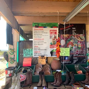 a variety of boots and food items
