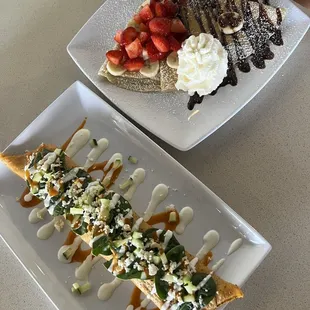 Spinach ranchero crepe and Nutella crepe