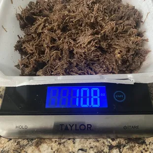 Less than 11 oz of barbacoa including weight of styrofoam container.