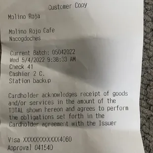 Receipt showing charge for 1 lb of barbacoa.