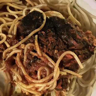 Chicken pasta way overcooked to the point of being burnt.